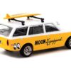 Datsun Bluebird 510 Wagon Yellow and White “MOON Equipped” with Roof Rack and Surfboard “Global64” Series 1/64 Diecast Model Car by Tarmac Works