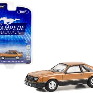 1980 Ford Mustang Cobra Dark Chamois Brown Metallic with Hood Graphic “The Drive Home to the Mustang Stampede” Series 1 1/64 Diecast Model Car by Greenlight