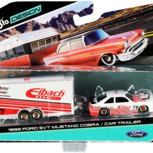 1993 Ford SVT Mustang Cobra #17 with Enclosed Car Trailer “Eibach” White with Red Stripes “Tow & Go” Series 1/64 Diecast Model Cars by Maisto