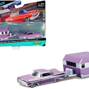 1959 Chevrolet Impala Purple Metallic with White Graphics and Alameda Trailer Purple Metallic and White “Tow & Go” Series 1/64 Diecast Model Car by Maisto