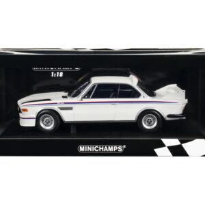 1973 BMW 3.0 CSL White with Red and Blue Stripes Limited Edition to 600 pieces Worldwide 1/18 Diecast Model Car by Minichamps