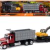 International Lonestar Dump Truck Red and Tracked Excavator Yellow with Flatbed Trailer “Long Haul Truckers” Series 1/43 Diecast Model by New Ray