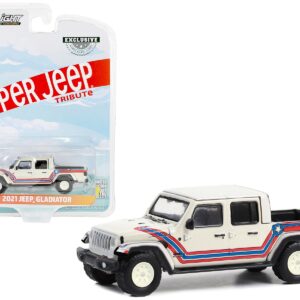 2021 Jeep Gladiator Pickup Truck “Super Jeep Tribute” White with Red and Blue Stripes “Hobby Exclusive” Series 1/64 Diecast Model Car by Greenlight