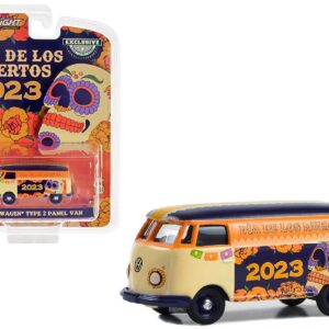 Volkswagen Type 2 Panel Van Beige and Orange with Blue Top “Dia de los Muertos 2023” “Hobby Exclusive” Series 1/64 Diecast Model Car by Greenlight