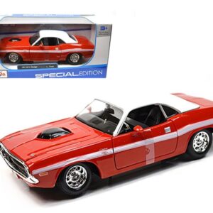 1970 Dodge Challenger R/T Coupe Red with White Top and White Stripes 1/24 Diecast Model Car by Maisto