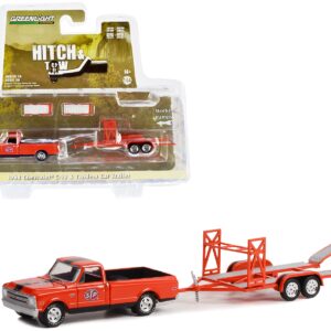 1968 Chevrolet C-10 Pickup Truck Orange with Black Stripes with Black Bed Cover and Tandem Car Trailer “STP” “Hitch & Tow” Series 26 1/64 Diecast Model Car by Greenlight