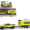 2018 Nissan Titan XD Pro-4X Pickup Truck Yellow with Enclosed Car Hauler “Pennzoil” “Hitch & Tow” Series 30 1/64 Diecast Model Car by Greenlight