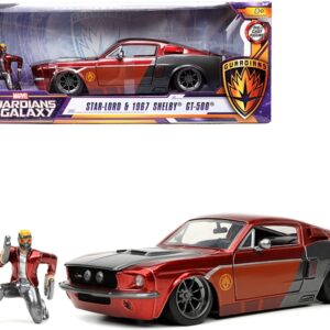 1967 Ford Mustang Shelby GT-500 Red Metallic and Gray Metallic with Star-Lord Diecast Figurine “Guardians of the Galaxy” “Marvel” Series 1/24 Diecast Model Car by Jada