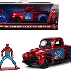 1941 Ford Pickup Truck Candy Red and Blue and Proto-Suit Spider-Man Diecast Figurine “Marvel” Series “Hollywood Rides” Series 1/32 Diecast Model Car by Jada