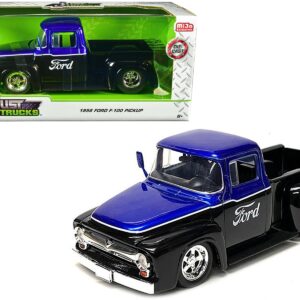 1956 Ford F-100 Pickup Truck Black and Blue Metallic with Ford Graphics “Just Trucks” Series 1/24 Diecast Model Car by Jada