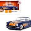 1957 Chevrolet Corvette Dark Blue with Flame Graphics and White Interior “Bigtime Muscle” Series 1/24 Diecast Model Car by Jada