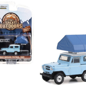 1969 Nissan Patrol (60) Light Blue with White Top and Camp’otel Cartop Sleeper Tent “The Great Outdoors” Series 3 1/64 Diecast Model Car by Greenlight