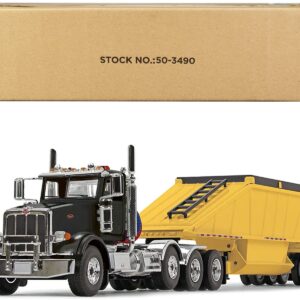 Peterbilt 367 Day Cab and Bottom Dump Trailer Black and Yellow 1/50 Diecast Model by First Gear