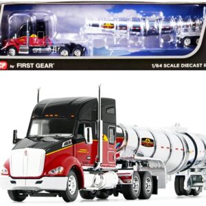 Kenworth T680 76″ Mid-Roof Sleeper Cab Black and Red and Chrome Polar Deep Drop Tanker “Lonewolf Petrolum Co.” 1/64 Diecast Model by DCP/First Gear