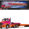 Mack Pinnacle Day Cab with Aftermarket Minimizer Parts and Talbert 5553TA Traveling-Axle Trailer Orange and Fuchsia 1/64 Diecast Model by DCP/First Gear