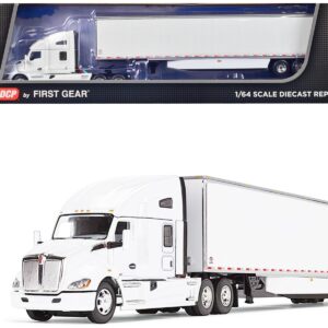 Kenworth T680 with 76″ High Roof Sleeper and 53′ Smooth Sided Dry Goods Trailer White 1/64 Diecast Model by DCP/First Gear