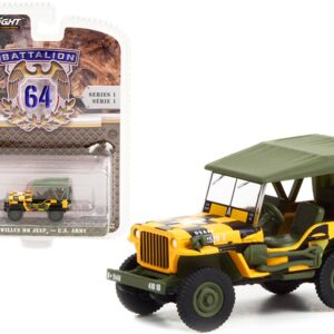 1943 Willys MB Jeep Yellow and Black with Green Top “Follow Me” U.S. Army “Battalion 64” Release 1 1/64 Diecast Model Car by Greenlight