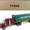 International LoneStar Sleeper Cab Red with Skeleton Trailer and 40′ Dry Goods Sea Container “China Shipping” Green “Transport Series” 1/50 Diecast Model by Diecast Masters