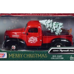 1941 Plymouth Pickup Truck Red and Black “Merry Christmas” with Tree Accessory 1/24 Diecast Model Car by Motormax