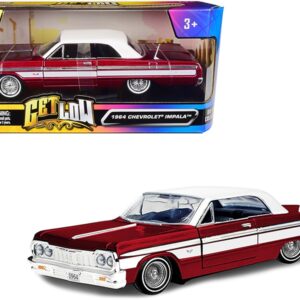 1964 Chevrolet Impala Lowrider Hard Top Candy Red Metallic with White Top “Get Low” Series 1/24 Diecast Model Car by Motormax