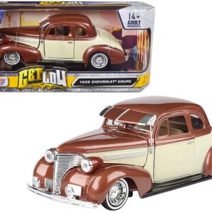 1939 Chevrolet Coupe Lowrider Beige and Brown Metallic “Get Low” Series 1/24 Diecast Model Car by Motormax