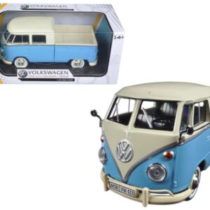 Volkswagen Type 2 (T1) Double Cab Pickup Truck Light Blue and Cream 1/24 Diecast Model Car by Motormax