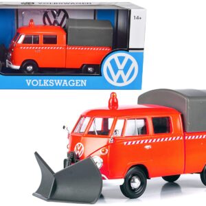 Volkswagen Type 2 (T1) Pickup Truck Orange with Snow Plow and Camper Shell 1/24 Diecast Model Car by Motormax