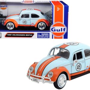 1966 Volkswagen Beetle #48 with “Gulf” Livery Light Blue with Orange Stripe 1/24 Diecast Model Car by Motormax