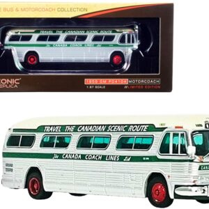 1959 GM PD4104 Motorcoach Bus “Hamilton” “Canada Coach Lines” Silver and Cream with Green Stripes “Vintage Bus & Motorcoach Collection” 1/87 (HO) Diecast Model by Iconic Replicas