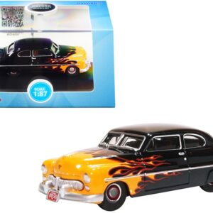 1949 Mercury Coupe “Hot Rod” Black and Yellow with Flames 1/87 (HO) Scale Diecast Model Car by Oxford Diecast