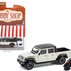 2020 Jeep Gladiator Rubicon Pickup Truck Beige with Black Top and 2020 Indian Scout Bobber Icon Series Motorcycle Red “The Hobby Shop” Series 12 1/64 Diecast Model Car by Greenlight