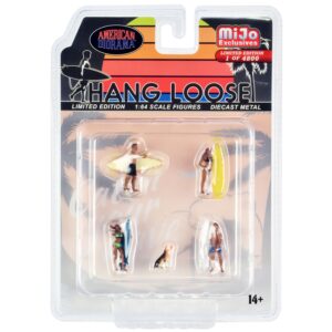 “Hang Loose” 5 piece Diecast Set (4 Surfer Figures and 1 Dog) Limited Edition to 4800 pieces Worldwide for 1/64 Scale Models by American Diorama