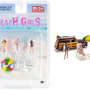 “Beach Girls” 5 piece Diecast Set (3 Figurines 1 Beach Chaise and 1 Beach Umbrella) for 1/64 Scale Models by American Diorama