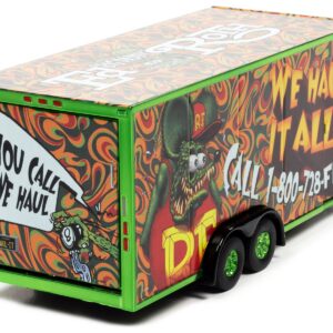 4-Wheel Enclosed Car Trailer Green with Graphics “Rat Fink: We Haul it All!” 1/64 Diecast Model by Auto World