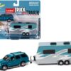 2005 Cadillac Escalade Teal Metallic with Camper Trailer Limited Edition to 6012 pieces Worldwide “Truck and Trailer” Series 1/64 Diecast Model Car by Johnny Lightning