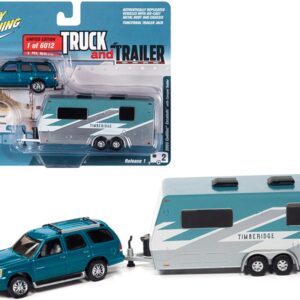 2005 Cadillac Escalade Teal Metallic with Camper Trailer Limited Edition to 6012 pieces Worldwide “Truck and Trailer” Series 1/64 Diecast Model Car by Johnny Lightning