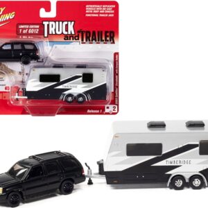 2005 Cadillac Escalade Matt Black with Camper Trailer Limited Edition to 6012 pieces Worldwide “Truck and Trailer” Series 1/64 Diecast Model Car by Johnny Lightning