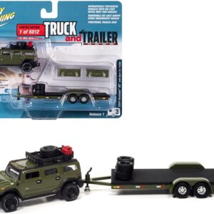 2004 Hummer H2 Medium Sage Green with Open Trailer Limited Edition to 6012 pieces Worldwide “Truck and Trailer” Series 1/64 Diecast Model Car by Johnny Lightning