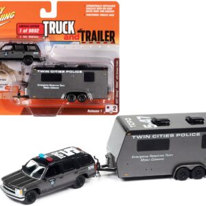 1997 Chevrolet Tahoe “SWAT” Custom Gray Metallic and Black with “Twin Cities Police” Camper Trailer Limited Edition to 9892 pieces Worldwide “Truck and Trailer” Series 1/64 Diecast Model Car by Johnny Lightning