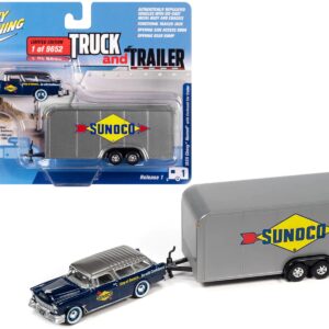 1955 Chevrolet Nomad “Sunoco” Blue Metallic with Gray Top with Enclosed Car Trailer Limited Edition to 9652 pieces Worldwide “Truck and Trailer” Series 1/64 Diecast Model Car by Johnny Lightning