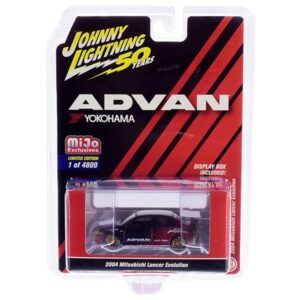 2004 Mitsubishi Lancer Evolution Black and Metallic Burgundy with Copper Wheels “ADVAN Yokohama” “Johnny Lightning 50th Anniversary” Limited Edition to 4800 pieces Worldwide 1/64 Diecast Model Car by Johnny Lightning