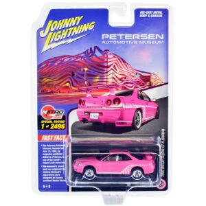 2000 Nissan Skyline GT R BNR34 RHD Right Hand Drive Pink with White Graphics and Interior Petersen Automotive Museum Limited Edition to 2496 pieces Worldwide 1/64 Diecast Model Car Johnny Lightning JLCP7410