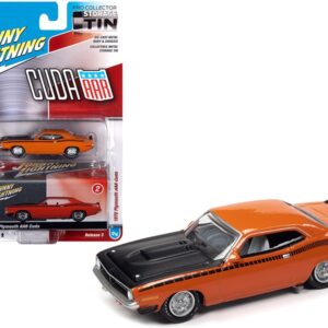 1970 Plymouth AAR Barracuda Vitamin C Orange with Black Stripes and Hood and Collector Tin Limited Edition to 4540 pieces Worldwide 1/64 Diecast Model Car by Johnny Lightning