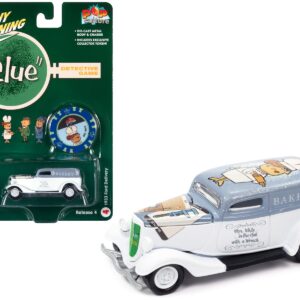 1933 Ford Delivery Van White with Gray Top (Mrs. White) with Poker Chip Collector’s Token “Vintage Clue” “Pop Culture” 2022 Release 4 1/64 Diecast Model Car by Johnny Lightning