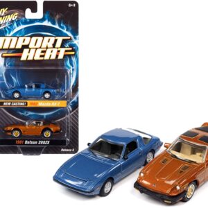 1982 Mazda RX-7 Blue Metallic and 1981 Datsun 280ZX Orange Mist Metallic “Import Heat” Set of 2 Cars 1/64 Diecast Model Cars by Johnny Lightning