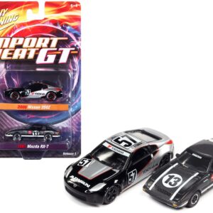 2006 Nissan 350Z #57 Black and Silver with Graphics and 1981 Mazda RX-7 #13 Dark Silver with Stripes “Import Heat GT” Set of 2 Cars 1/64 Diecast Model Cars by Johnny Lightning