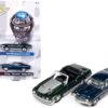 1972 Ford Mustang Convertible Dark Green Metallic with Silver Hood and Stripes and 1972 Chevrolet Chevelle SS Heavy Chevy Fathom Blue Metallic with White Stripes “Class of 1972” Set of 2 Cars 1/64 Diecast Model Cars by Johnny Lightning