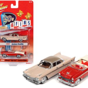 1959 Desoto Fireflite Spring Rose Pink with Golden Tan Top and 1956 Chevrolet Bel Air Convertible Matador Red and White “’50s & Fins” Series Set of 2 Cars 1/64 Diecast Model Cars by Johnny Lightning