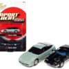 1985 Nissan 300ZX Black with Silver Trim and Blue Stripes and 1990 Nissan 240SX Silver Green Pearl with Black Stripes “Import Heat” Series Set of 2 Cars 1/64 Diecast Model Cars by Johnny Lightning