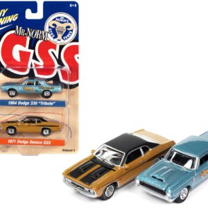 1964 Dodge 330 “Mr. Norm – Grand Spaulding Dodge” Blue Metallic and 1971 Dodge Demon GSS Butterscotch Orange with Black Top and Stripes “Mr. Norm GSS” Series Set of 2 Cars 1/64 Diecast Model Cars by Johnny Lightning